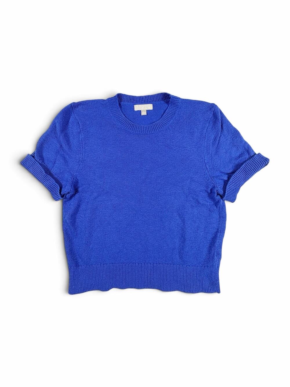 J.Crew Cuff-Sleeve Cropped Crewneck Sweater Textured Boucle Women’s Large Blue
